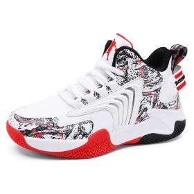 Fashion Kids Tennis Sneakers Children Basket Shoes Air Cushion Girls Sport Shoes Breathable Hook & Loop Boy Child Sneaker (Color: White red, size: 39)