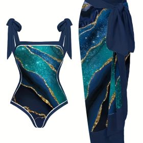 Plus Size Vacay Tankini Set, Women's Plus Colorblock Stripe Print Square Collar Tie Shoulder Bodysuit & Side Tie Maxi Bodycon Skirt Tankini Two Piece (Color: Multicolor, size: 2XL(16))