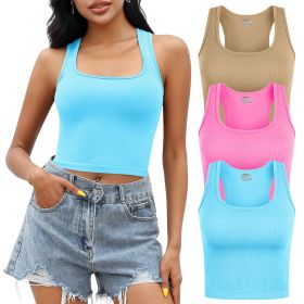 Tank Top for Women, 3 Pack Ribbed Seamless Racerback Yoga Crop Tops for Workout Running Gym Sport, Sleeveless Exercise Shirt for Daily Wearing (Color: LightCoffee+Blue+Pink, size: L)
