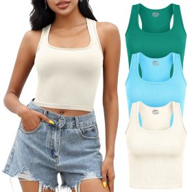 Tank Top for Women, 3 Pack Ribbed Seamless Racerback Yoga Crop Tops for Workout Running Gym Sport, Sleeveless Exercise Shirt for Daily Wearing (Color: Beige+Blue+Green, size: S)