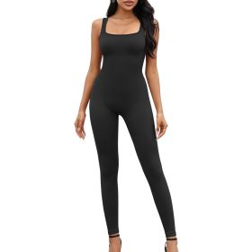 Women Yoga Romper Workout Ribbed Sleeveless Sport Stretch Jumpsuit Playsuit (Color: Black, size: M)