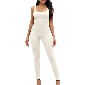 Women Yoga Romper Workout Ribbed Sleeveless Sport Stretch Jumpsuit Playsuit (Color: Beige, size: S)