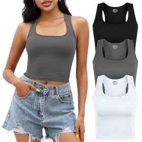 Tank Top for Women, 3 Pack Ribbed Seamless Racerback Yoga Crop Tops for Workout Running Gym Sport, Sleeveless Exercise Shirt for Daily Wearing (Color: Black+DarkGrey+White, size: S)