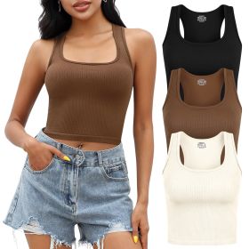 Tank Top for Women, 3 Pack Ribbed Seamless Racerback Yoga Crop Tops for Workout Running Gym Sport, Sleeveless Exercise Shirt for Daily Wearing (Color: Black+Coffee+Beige, size: M)
