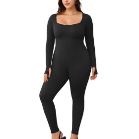 Womens Yoga Jumpsuits Workout Ribbed Long Sleeve Sport Jumpsuits (Color: Black, size: S)