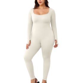 Womens Yoga Jumpsuits Workout Ribbed Long Sleeve Sport Jumpsuits (Color: Beige, size: M)