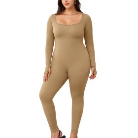 Womens Yoga Jumpsuits Workout Ribbed Long Sleeve Sport Jumpsuits (Color: LightCoffee, size: S)