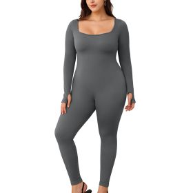 Womens Yoga Jumpsuits Workout Ribbed Long Sleeve Sport Jumpsuits (Color: DarkGray, size: S)